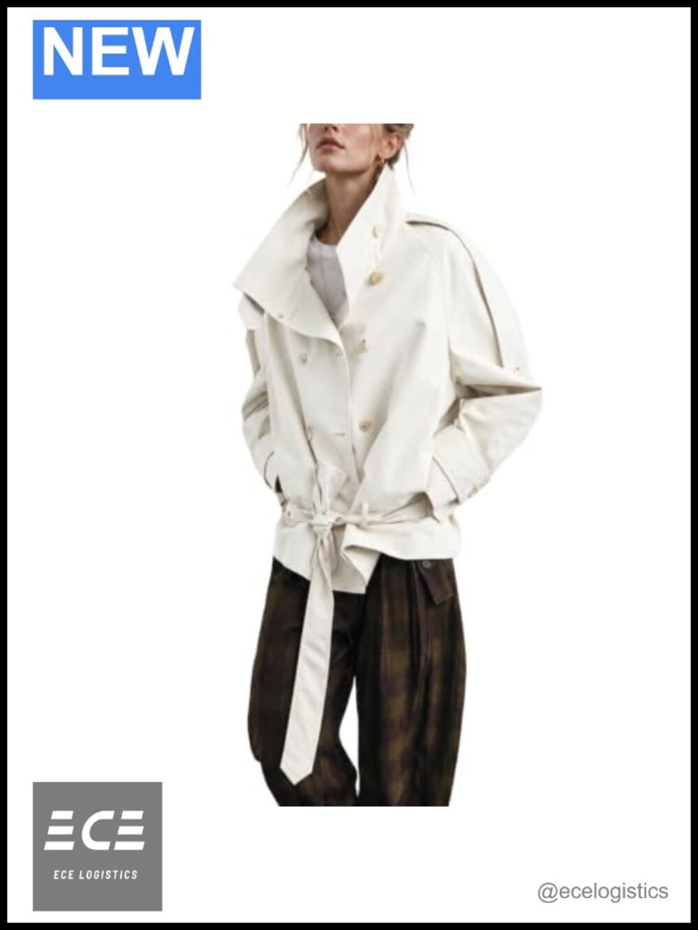 Cropped Trench Coat Double Breasted Funnel Neck Loose Fit Belted